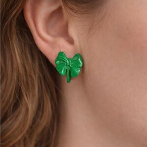 Vintage 80s Green Bow Clip On Earrings Deadstock